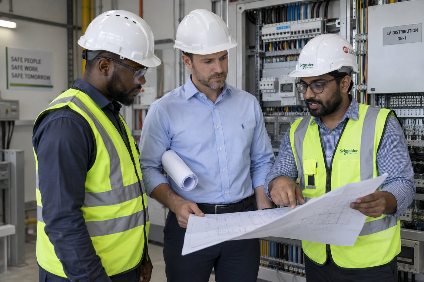 KINBO engineers and partners reviewing electrical installation drawings on site
